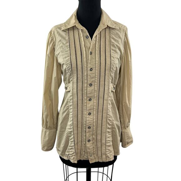 FREE PEOPLE Beige 6 Top Cotton Button-Up Collared Ruffle Long Sleeve Regular Fit - Picture 1 of 9